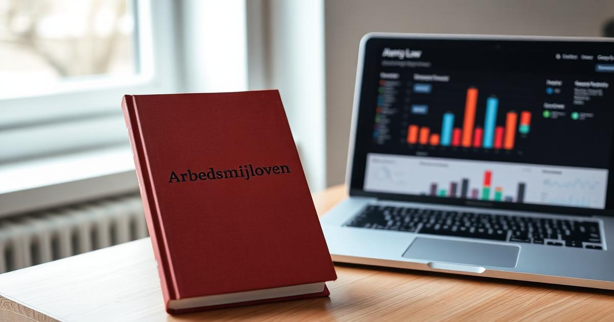 Arbeidsmiljøloven lovbok på pult ved siden av laptop med HR-dashboard