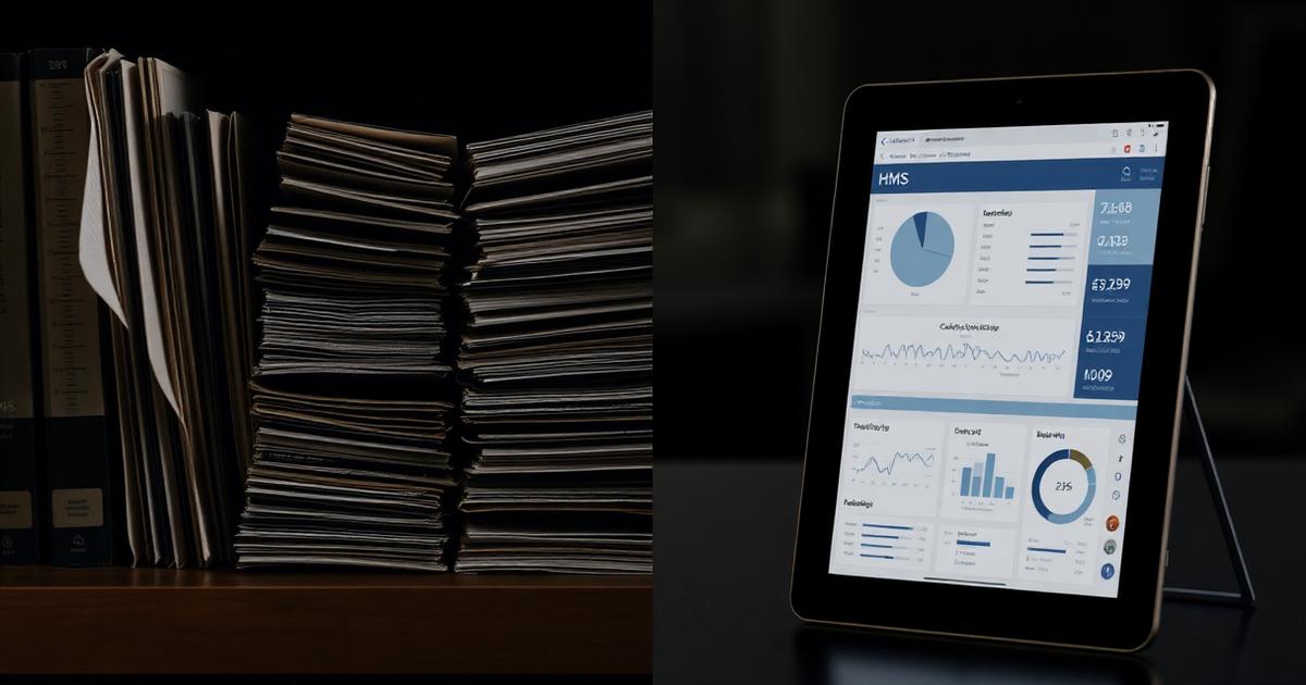 Sammenligning av gammel HMS-perm med papir og moderne digital HMS-app på tablet