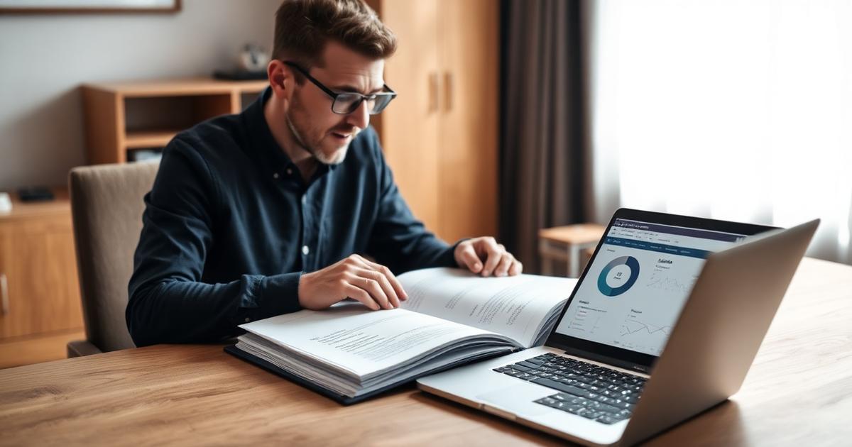 Daglig leder blar i HMS-håndbok ved siden av laptop med digitalt HMS-system