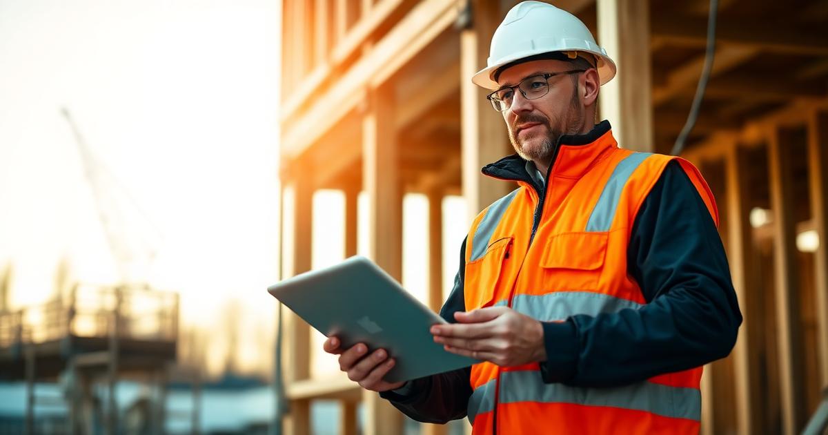 Byggleder med hjelm og hi-vis vest sjekker internkontroll på tablet på byggeplass