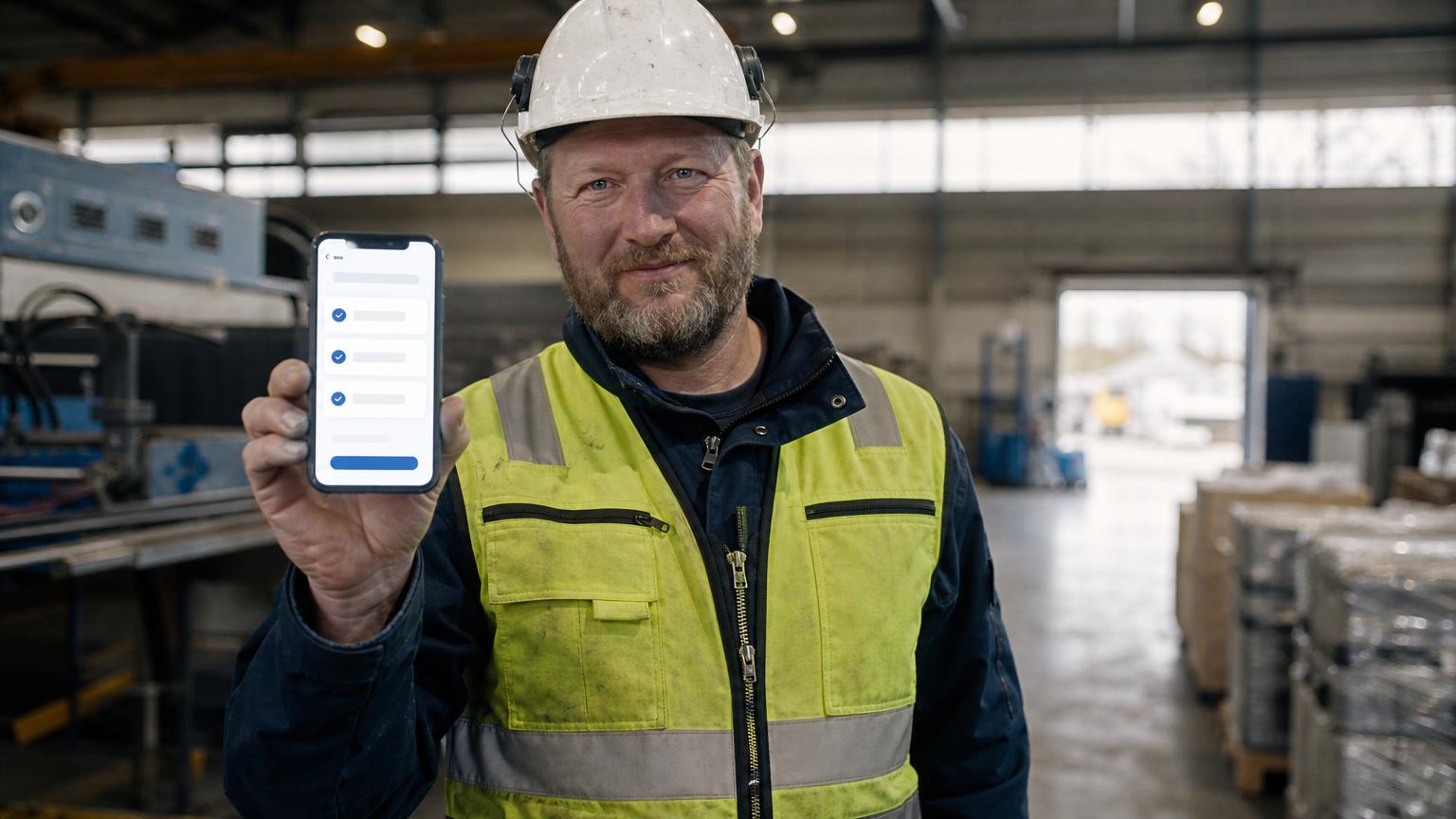 Verkstedleder med hjelm og hi-vis vest holder opp mobil med Rutinekontroll sjekkliste – internkontroll i praksis