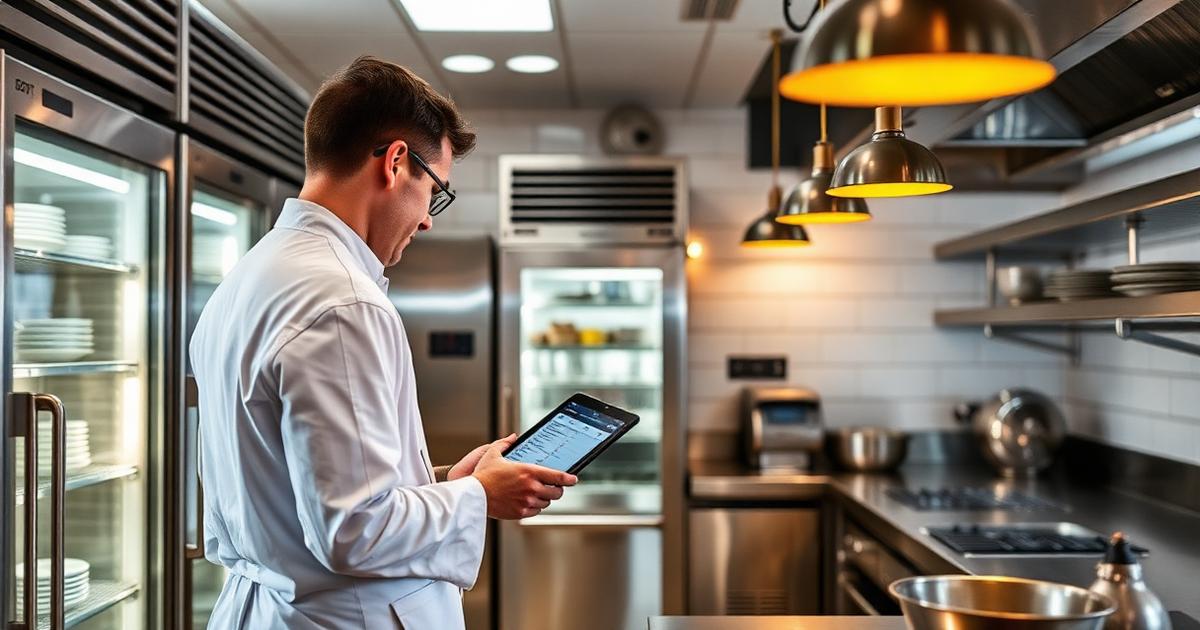 Kokk i hvit jakke sjekker temperaturlogg på tablet i profesjonelt restaurantkjøkken
