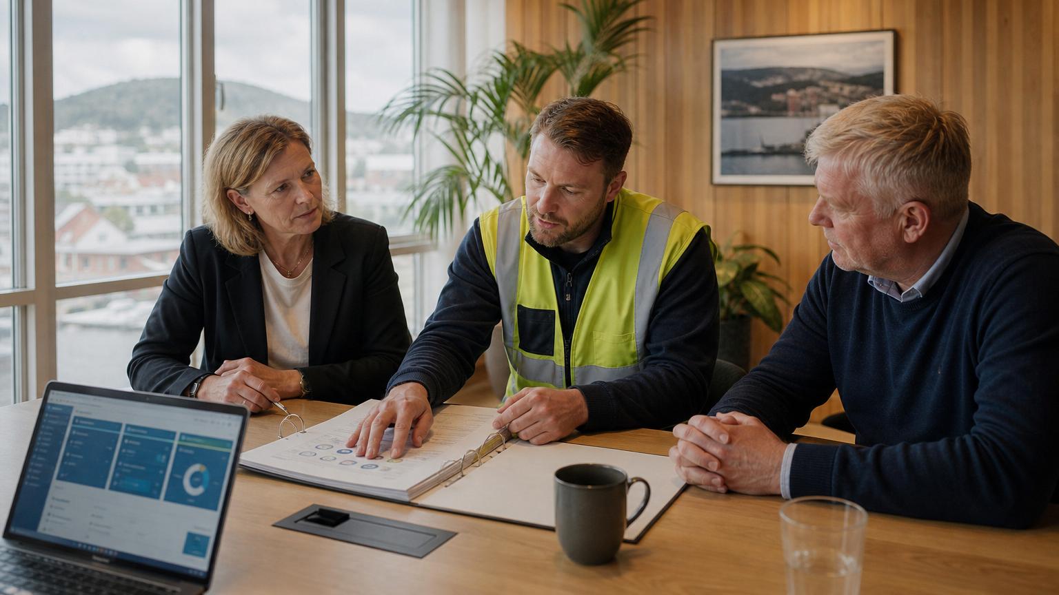 Ledelse, HMS-ansvarlig og verneombud gjennomgår HMS-perm rundt møtebord – internkontrollforskriften § 5 i praksis