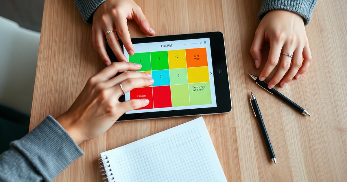 Hender bruker tablet med fargerik 5x5 risikomatrise – risikovurdering mal i praksis