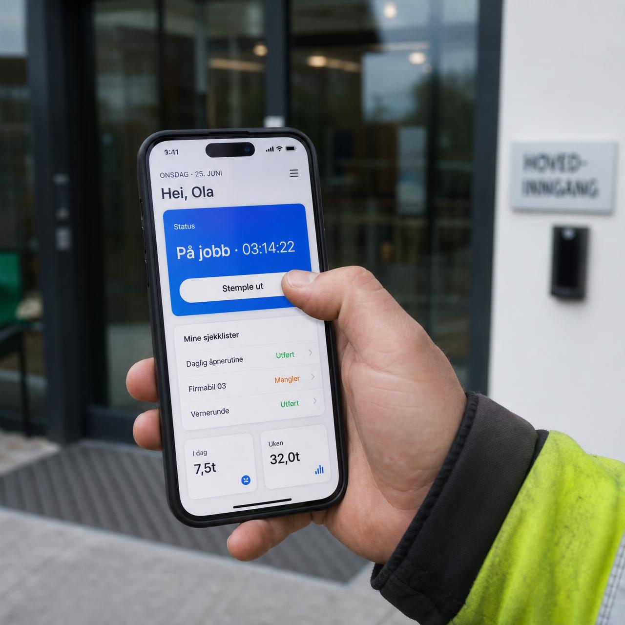 Arbeider med skinnhanske trykker på stor grønn Stemple inn-knapp i Rutinekontroll på mobil