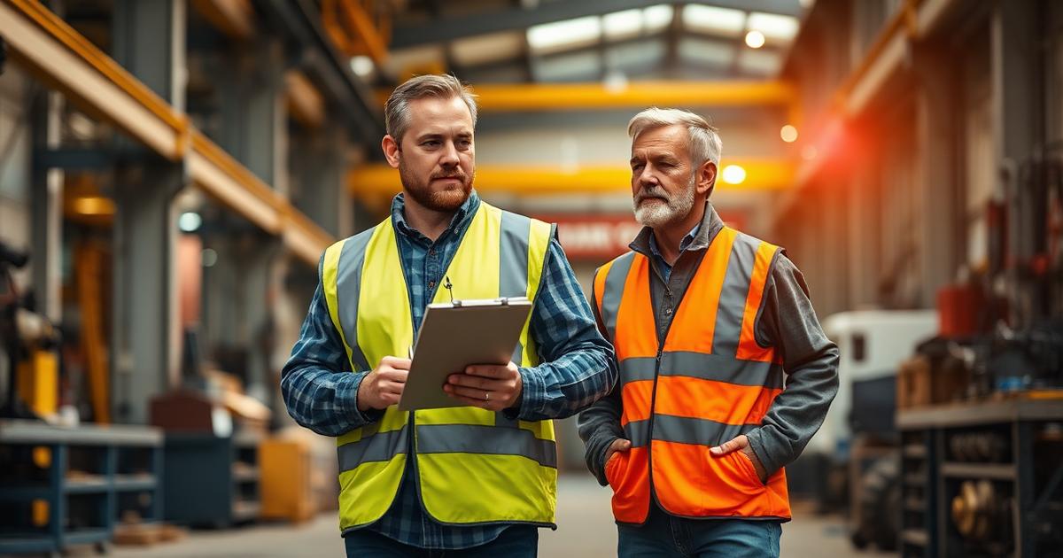 Verneombud og leder i hi-vis vester gjennomfører vernerunde i industribygg